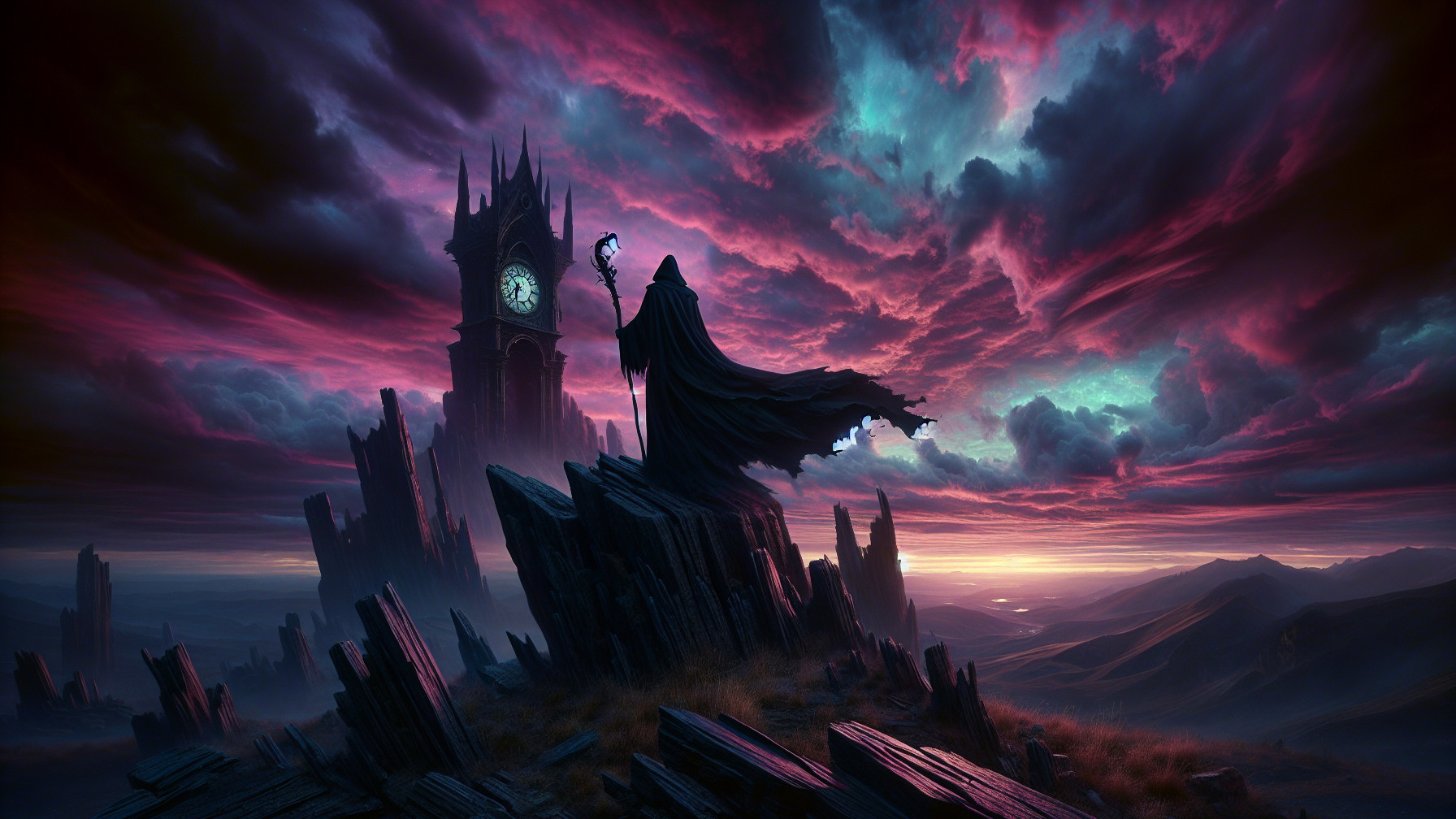 Cloaked Figure on Rocks with Clock Tower and Sky