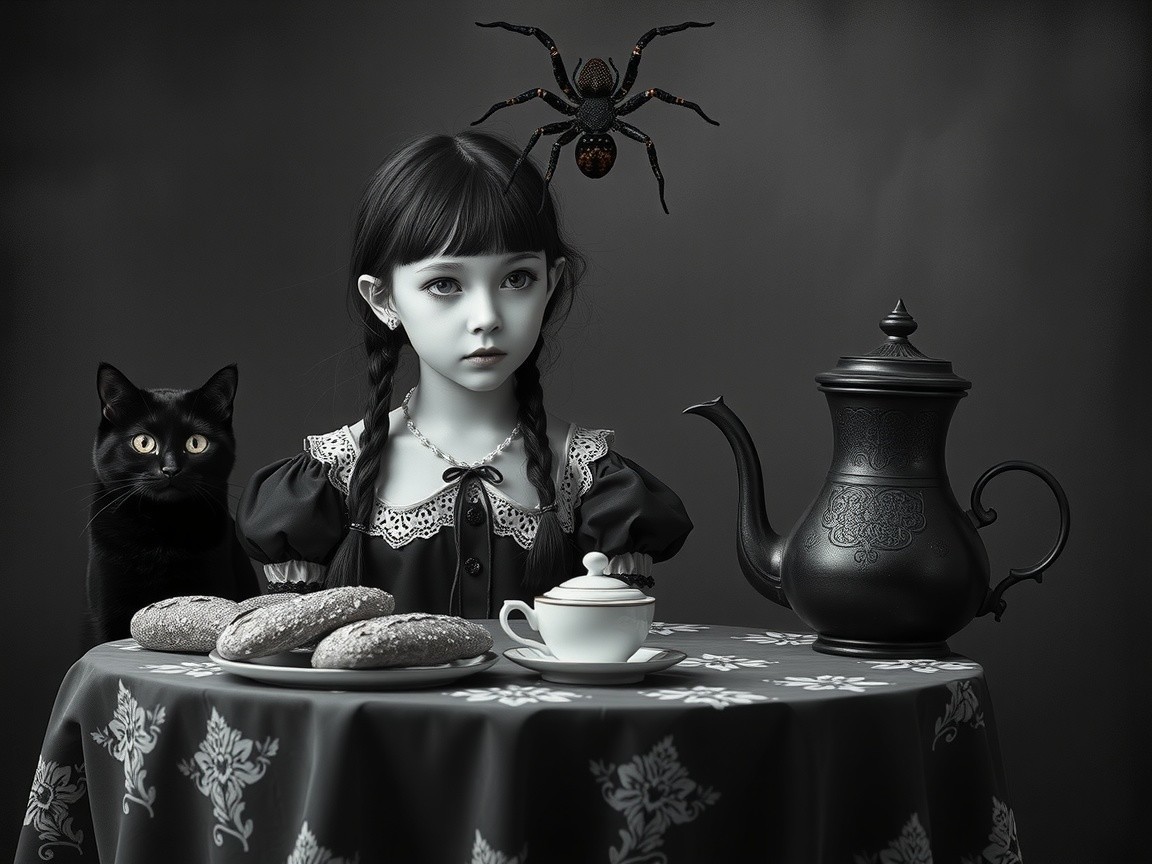 Haunting Scene of a Girl in Vintage Dress with Cat