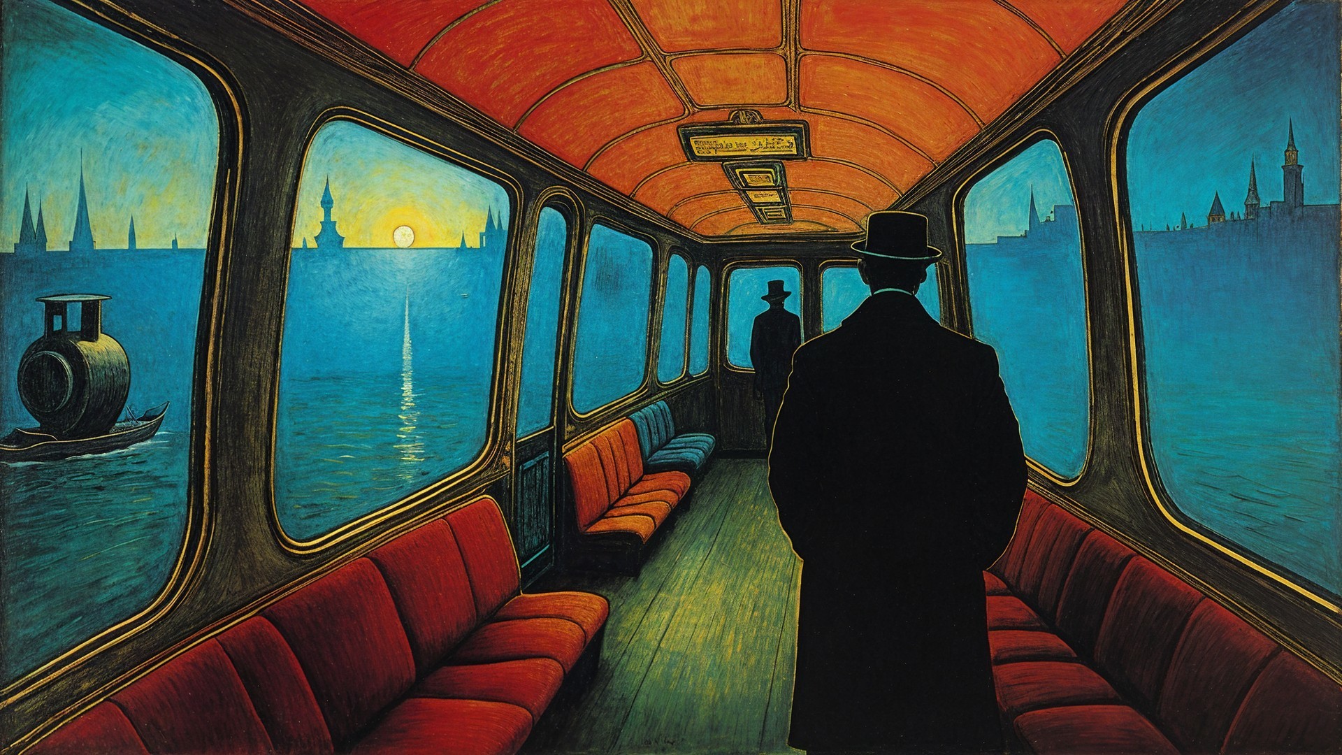 Interior Scene with Red Benches and Blue Backdrop
