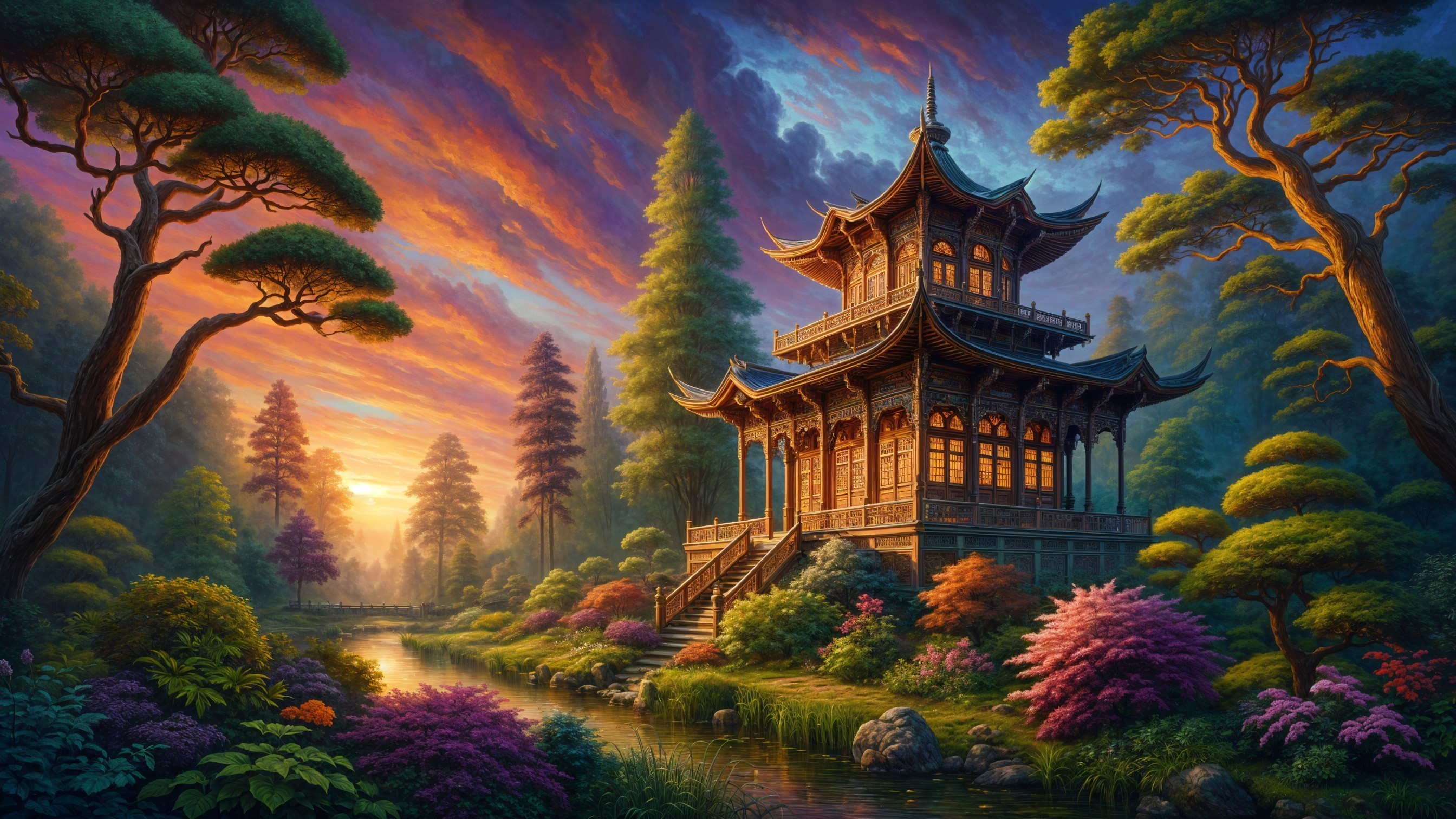 Serene Landscape with Pagoda and Sunset Reflections