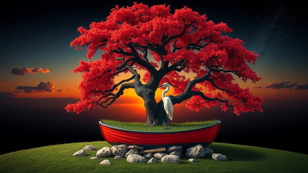 Vibrant Red Tree and Crane at Sunset Landscape