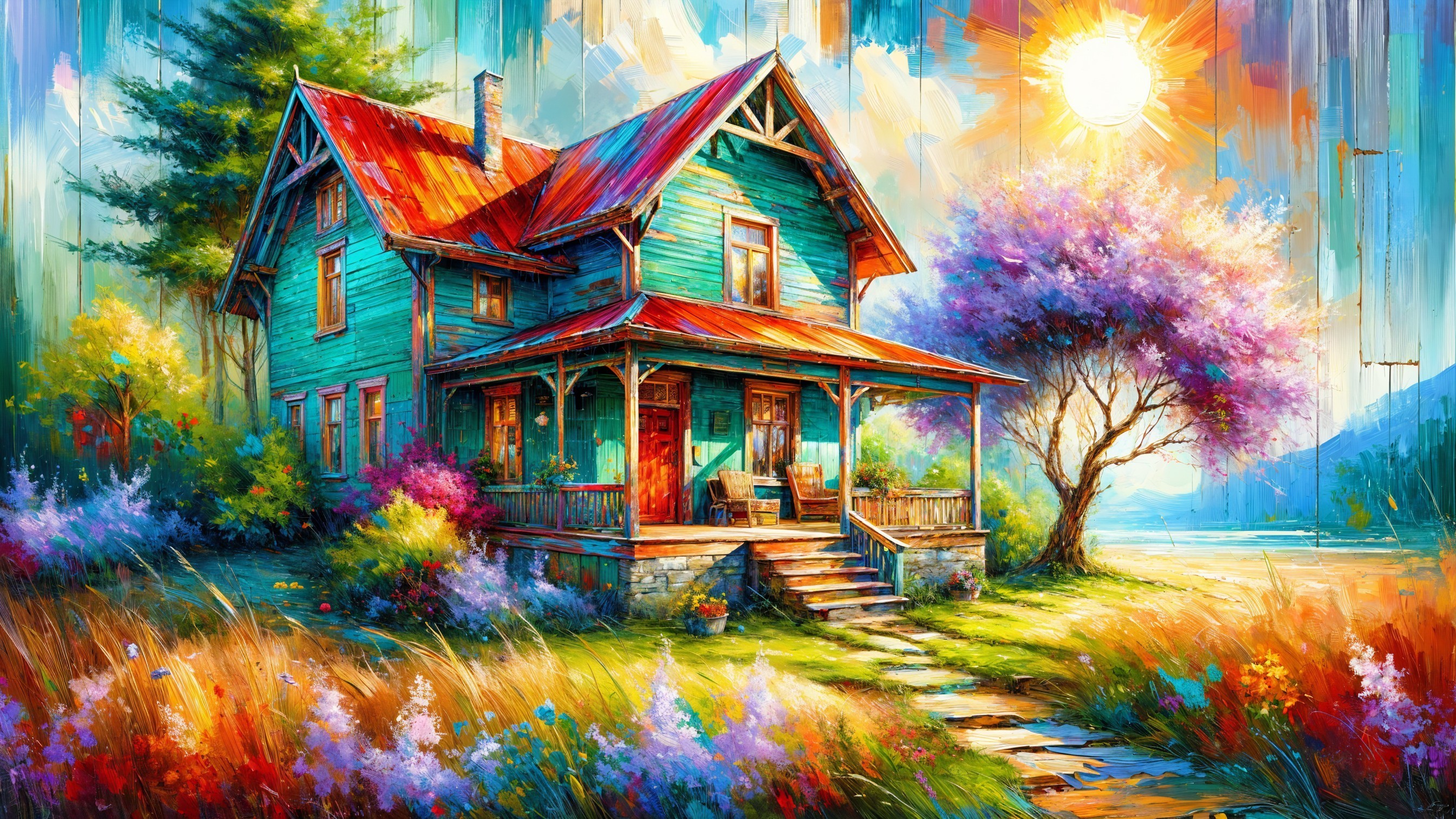 Charming Vibrant House Surrounded by Colorful Flowers