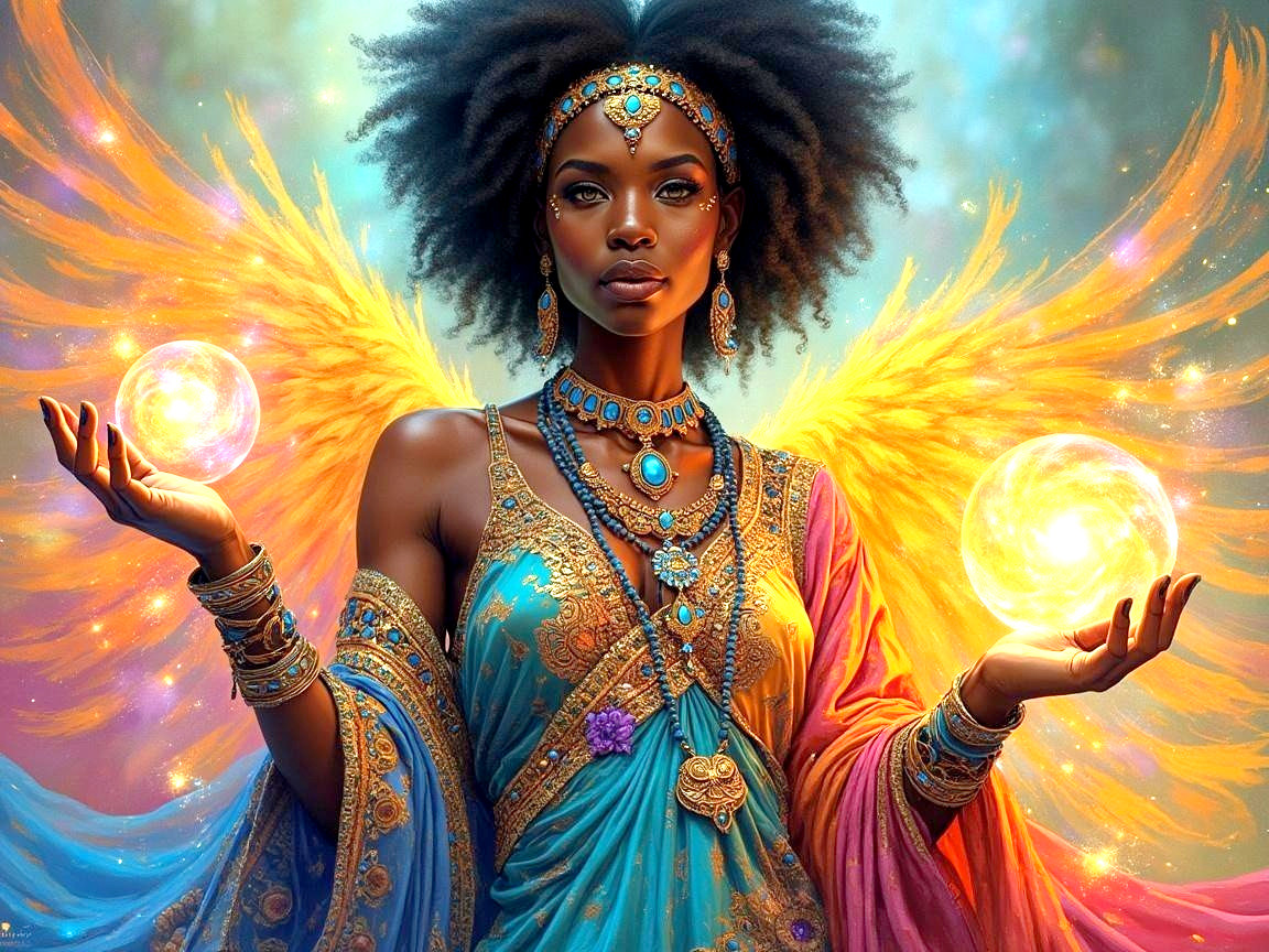 Majestic figure with glowing orbs and golden wings