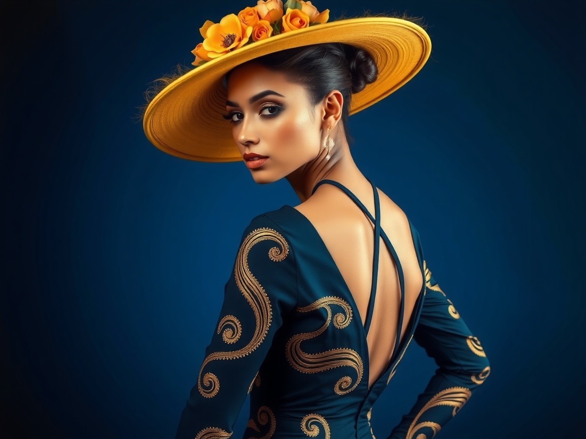 Young woman in blue dress with gold patterns and hat