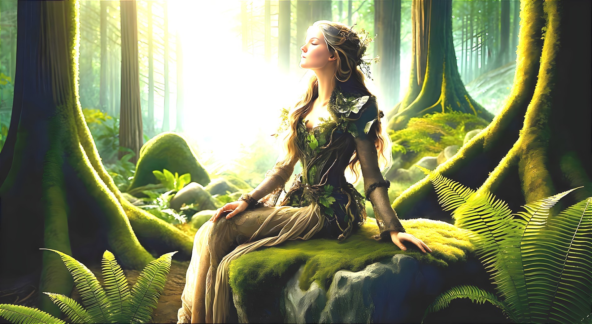 Serene Forest Scene with Woman in Nature-Inspired Gown