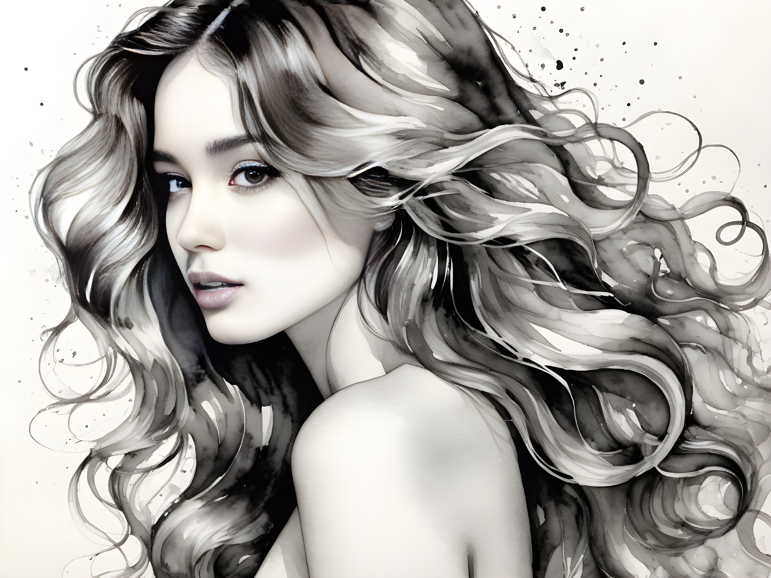 Watercolor Portrait of a Woman with Wavy Hair