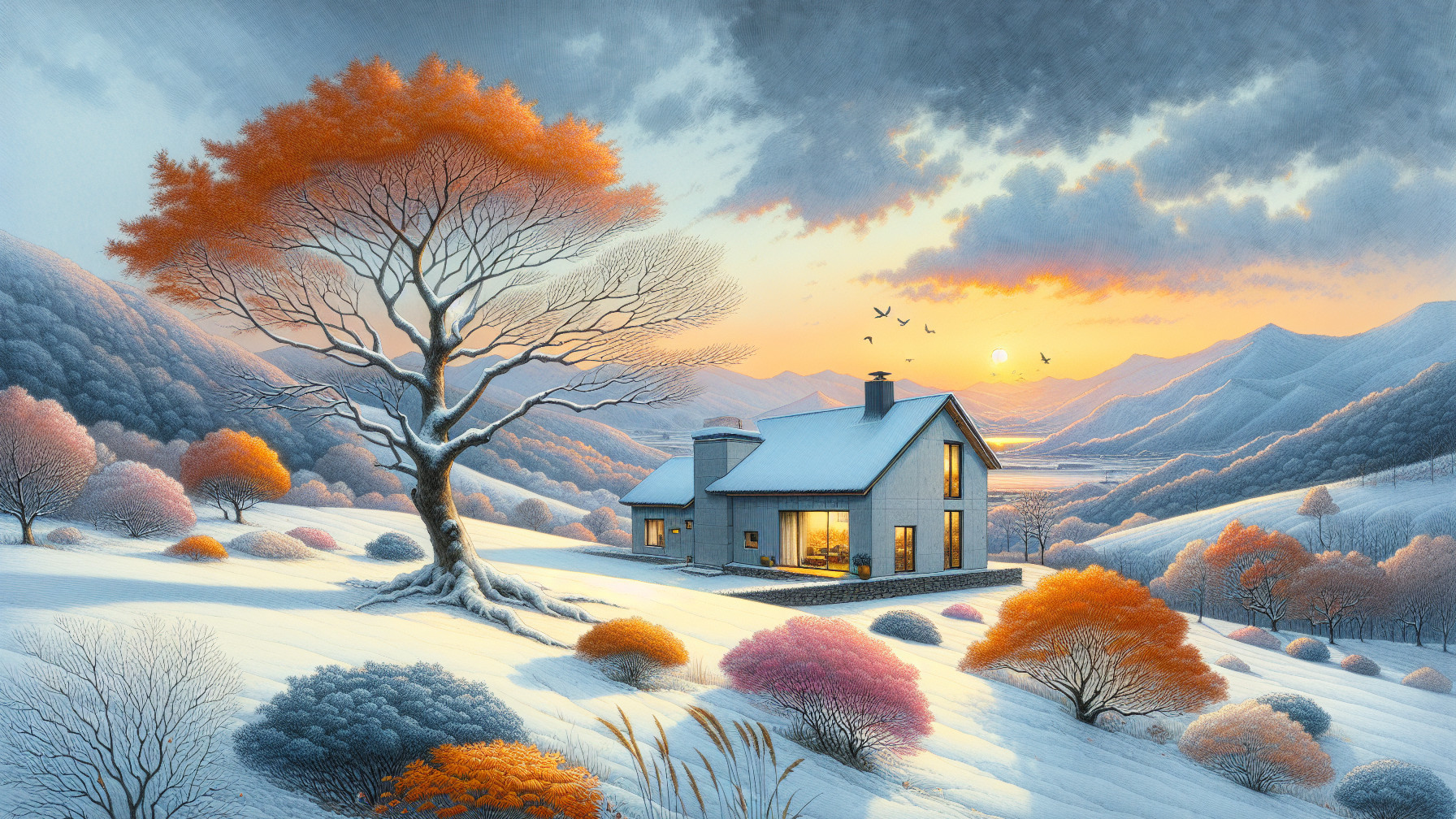 Winter Landscape with House and Snowy Hills