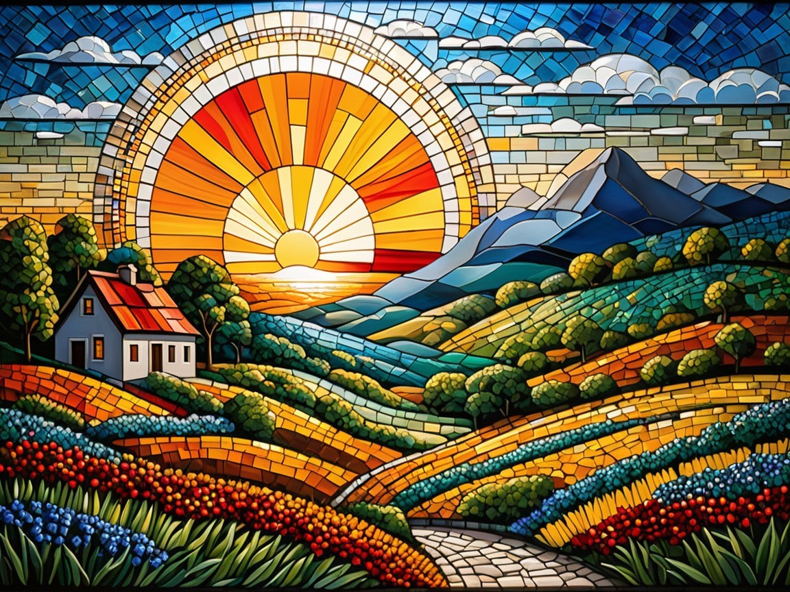 Vibrant Stained Glass Landscape with Sun and Flowers