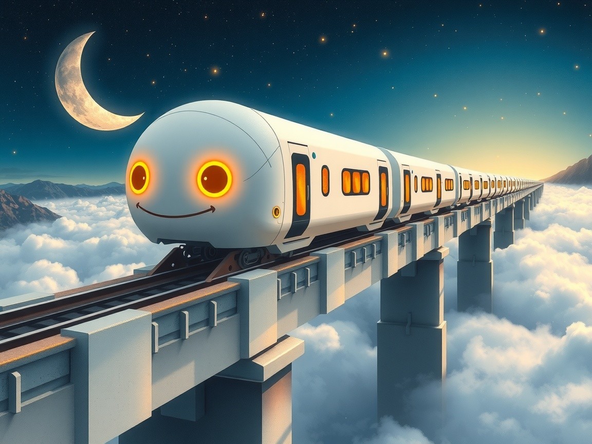 Whimsical train on a cloud bridge under starry sky