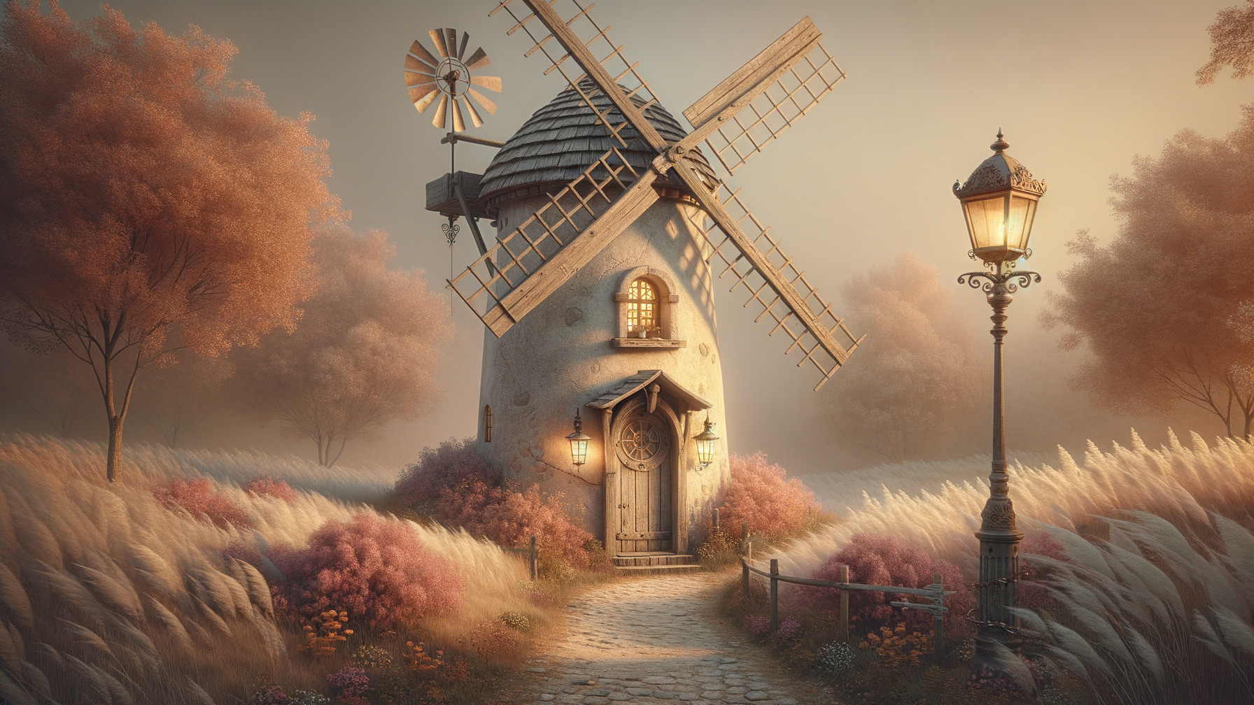 Quaint Windmill in a Dreamy Pastel Landscape