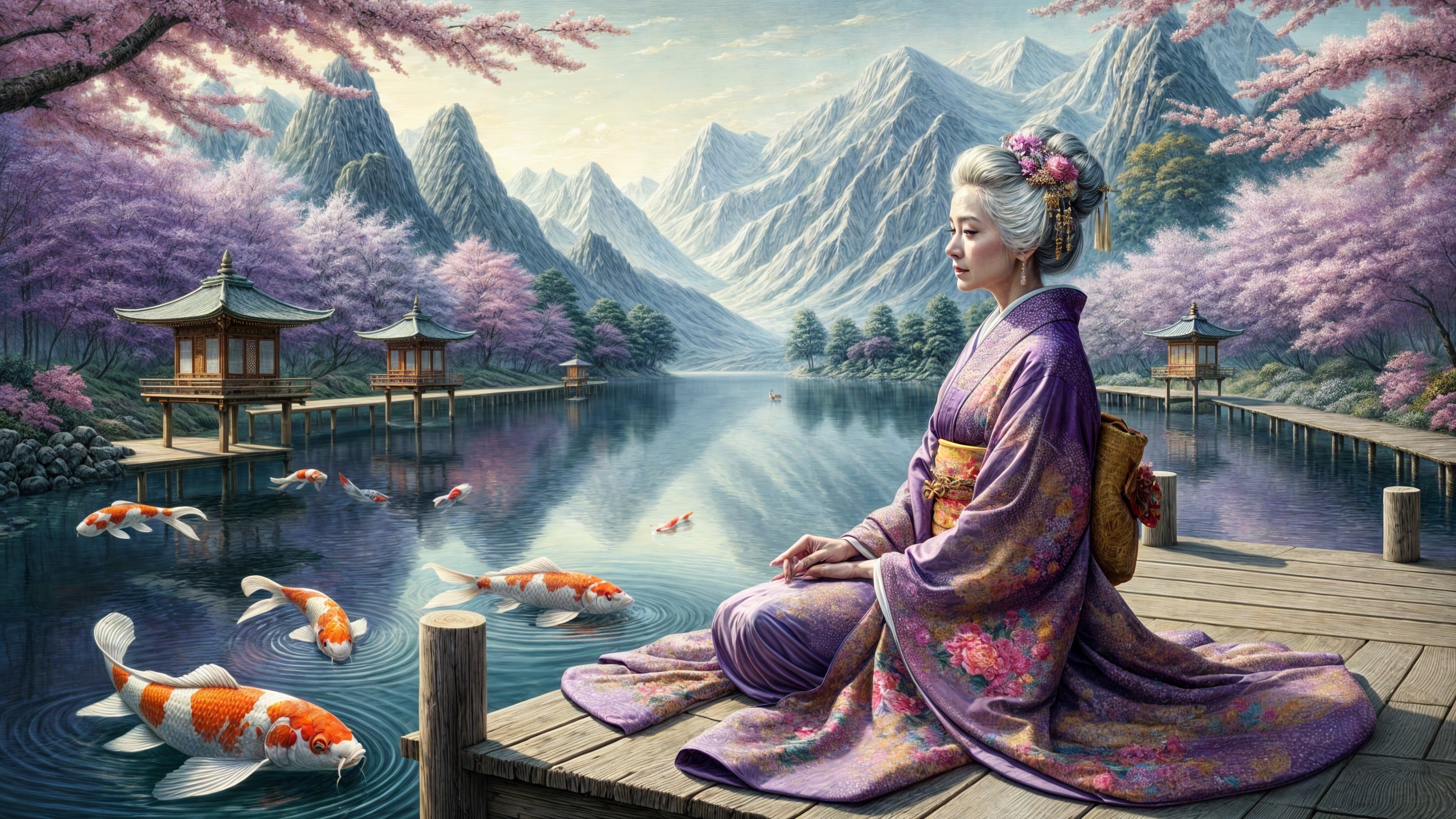 Woman in Kimono by Tranquil Lake with Cherry Blossoms