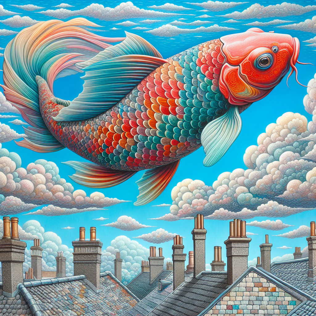 Oversized koi fish in bright blue sky with rooftops