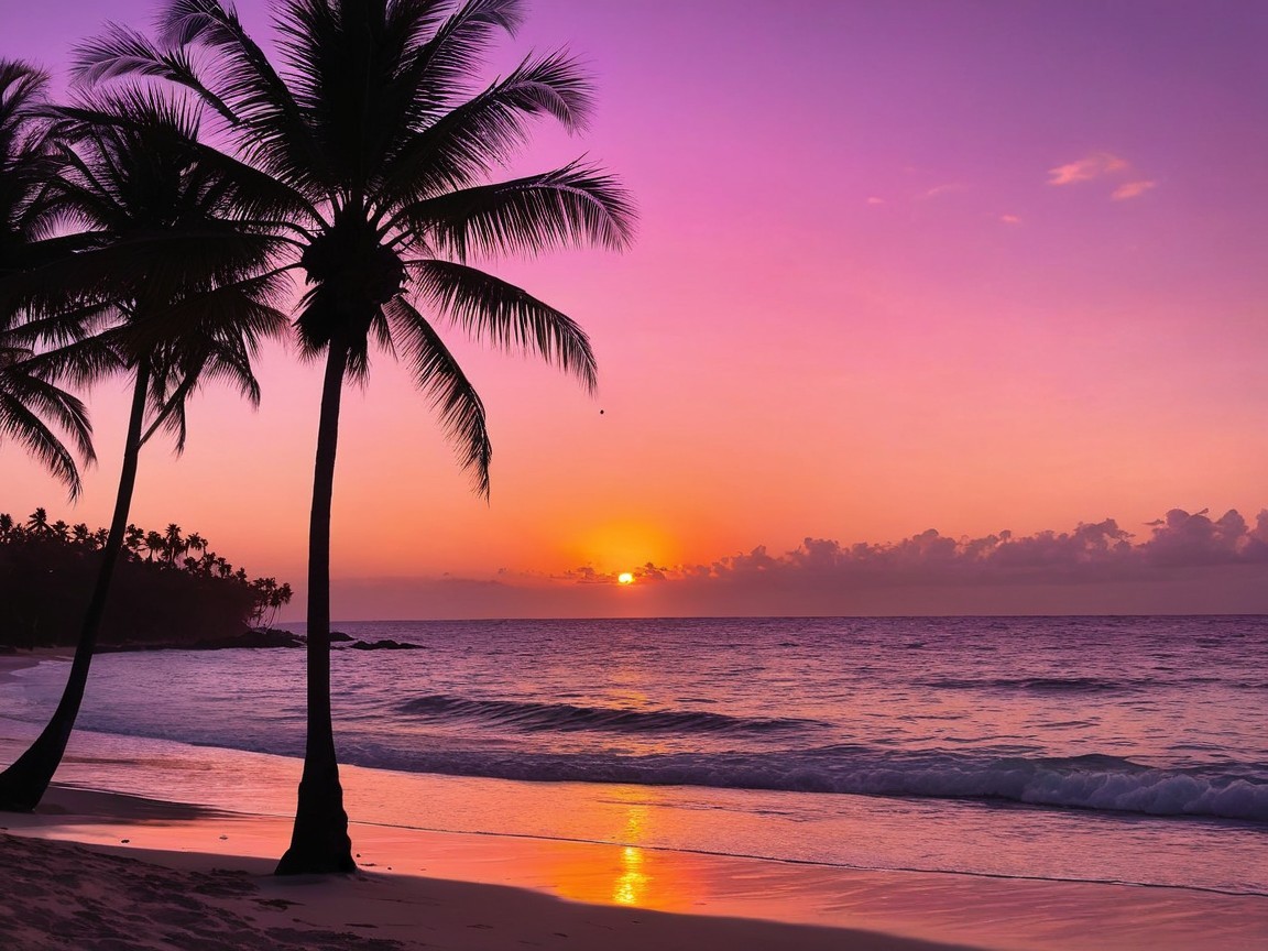 Serene Beach Sunset with Silhouetted Palm Trees