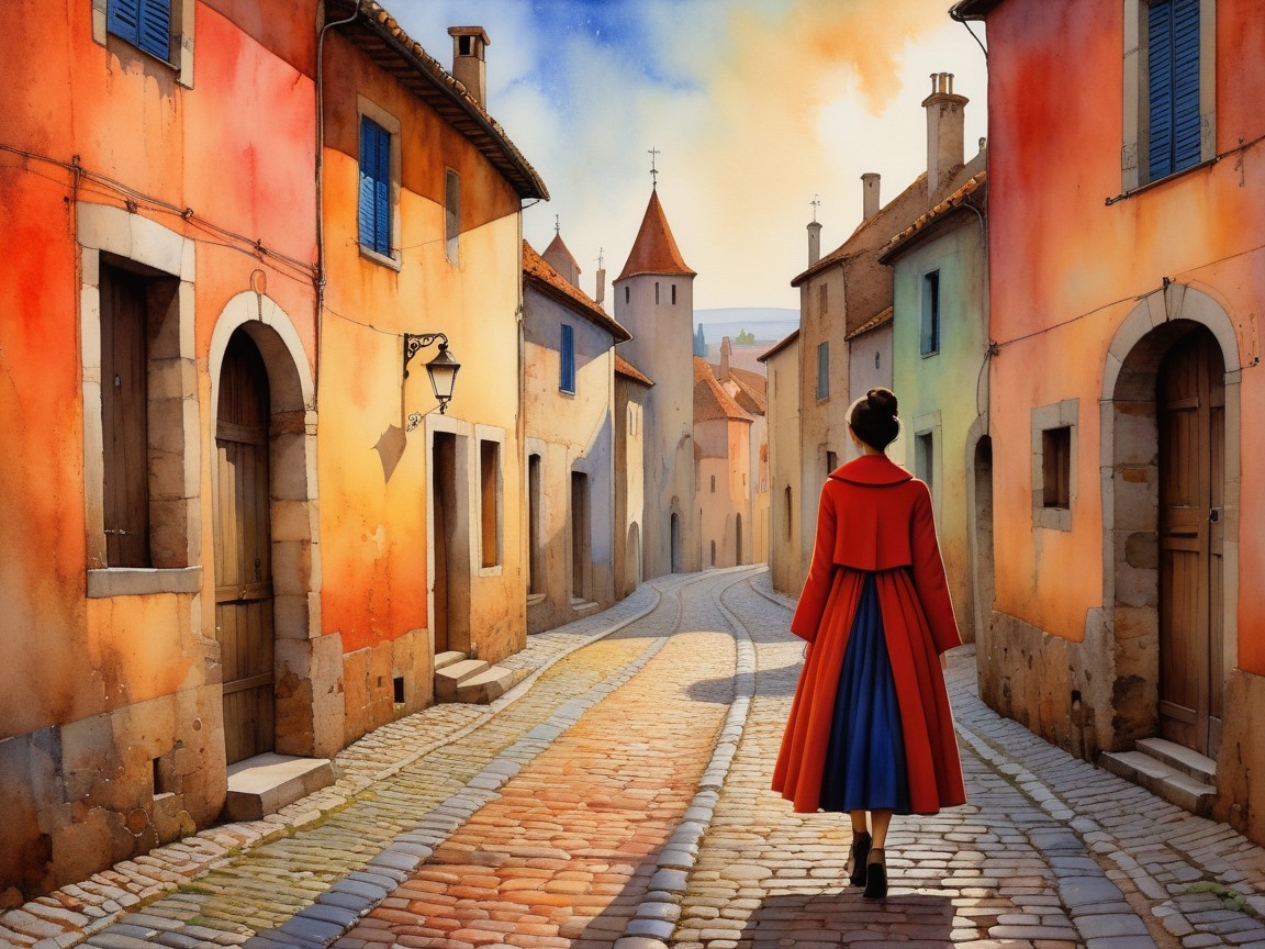 Vibrant Watercolor of Woman in European Village Scene