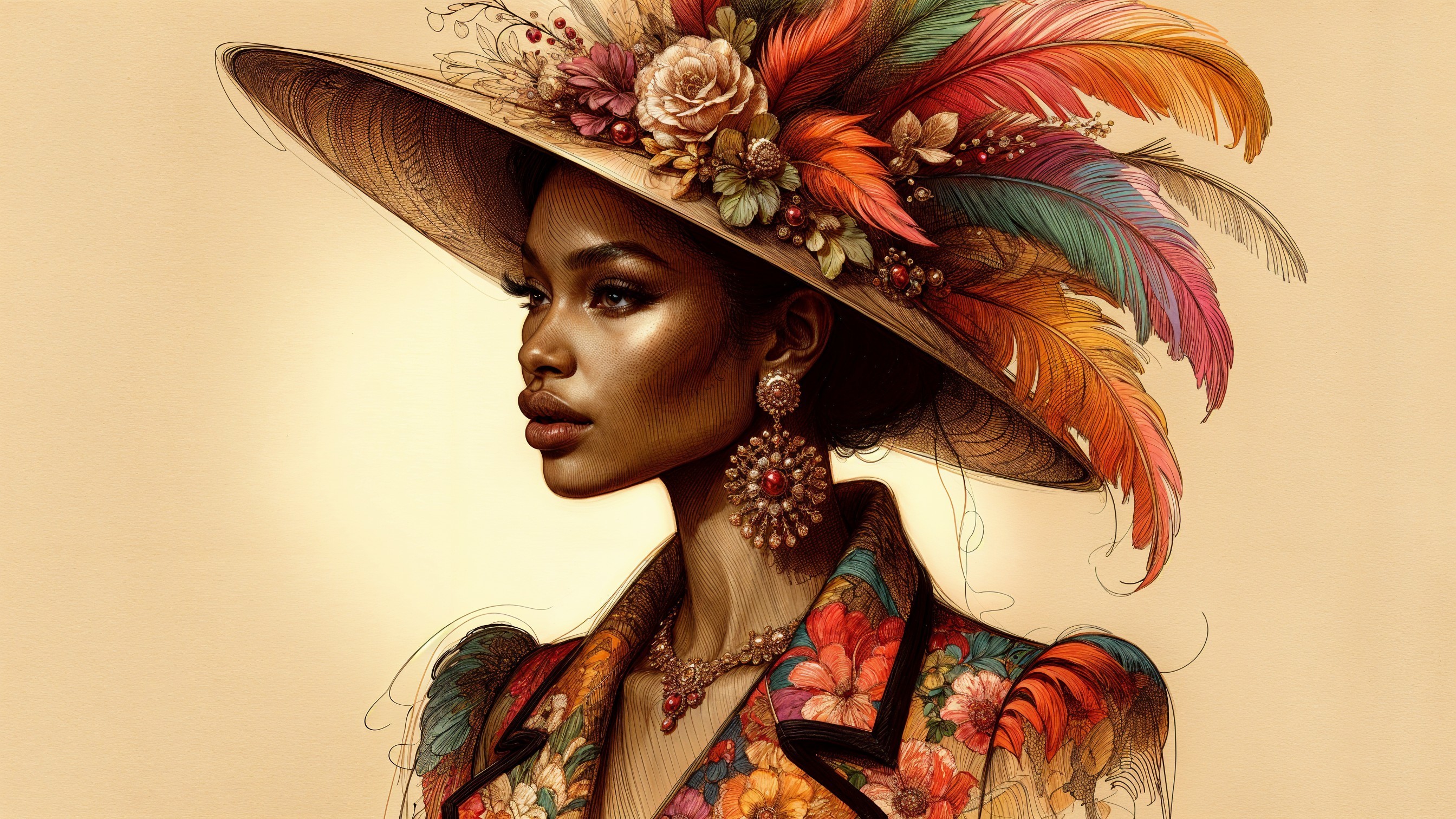 Elegant Woman in Floral Attire with Wide-Brimmed Hat