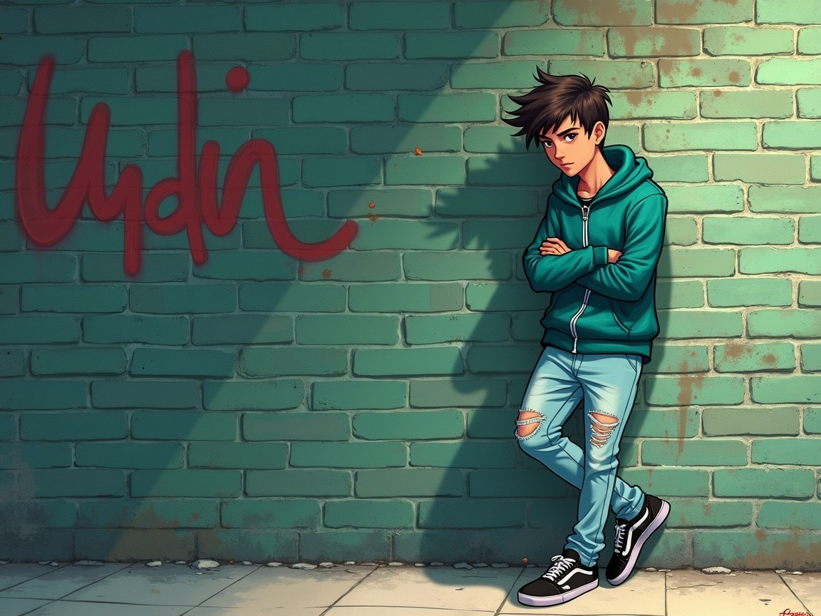 Young man in teal hoodie by green brick wall
