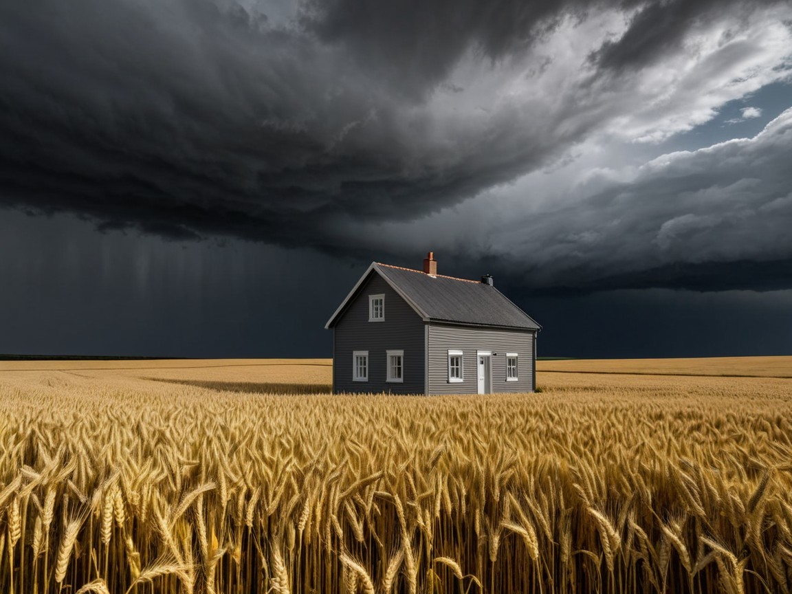 Gray House in Golden Wheat Field Under Dramatic Sky