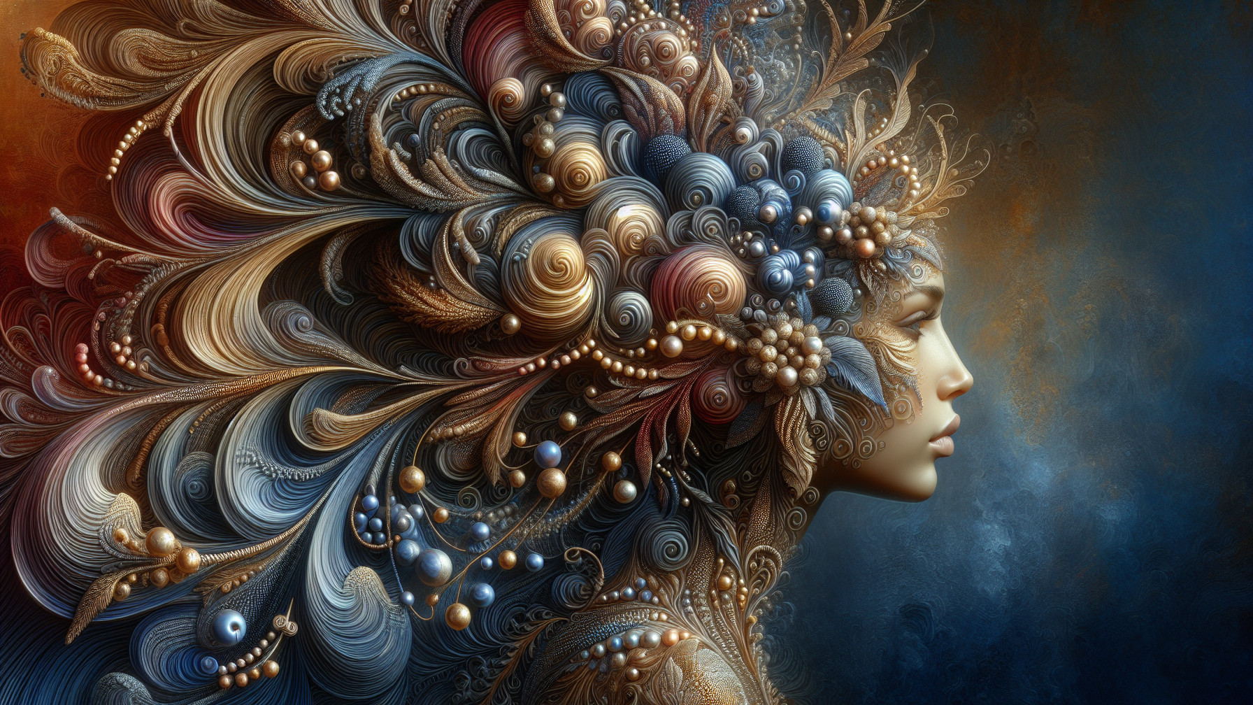 Surreal Woman's Profile with Colorful Patterns and Pearls