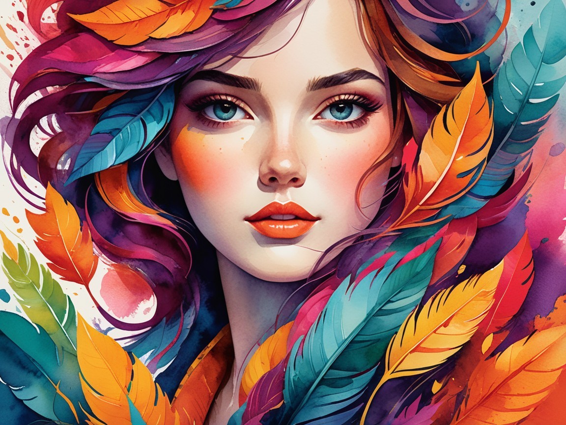 Portrait of a Woman with Colorful Hair and Feathers