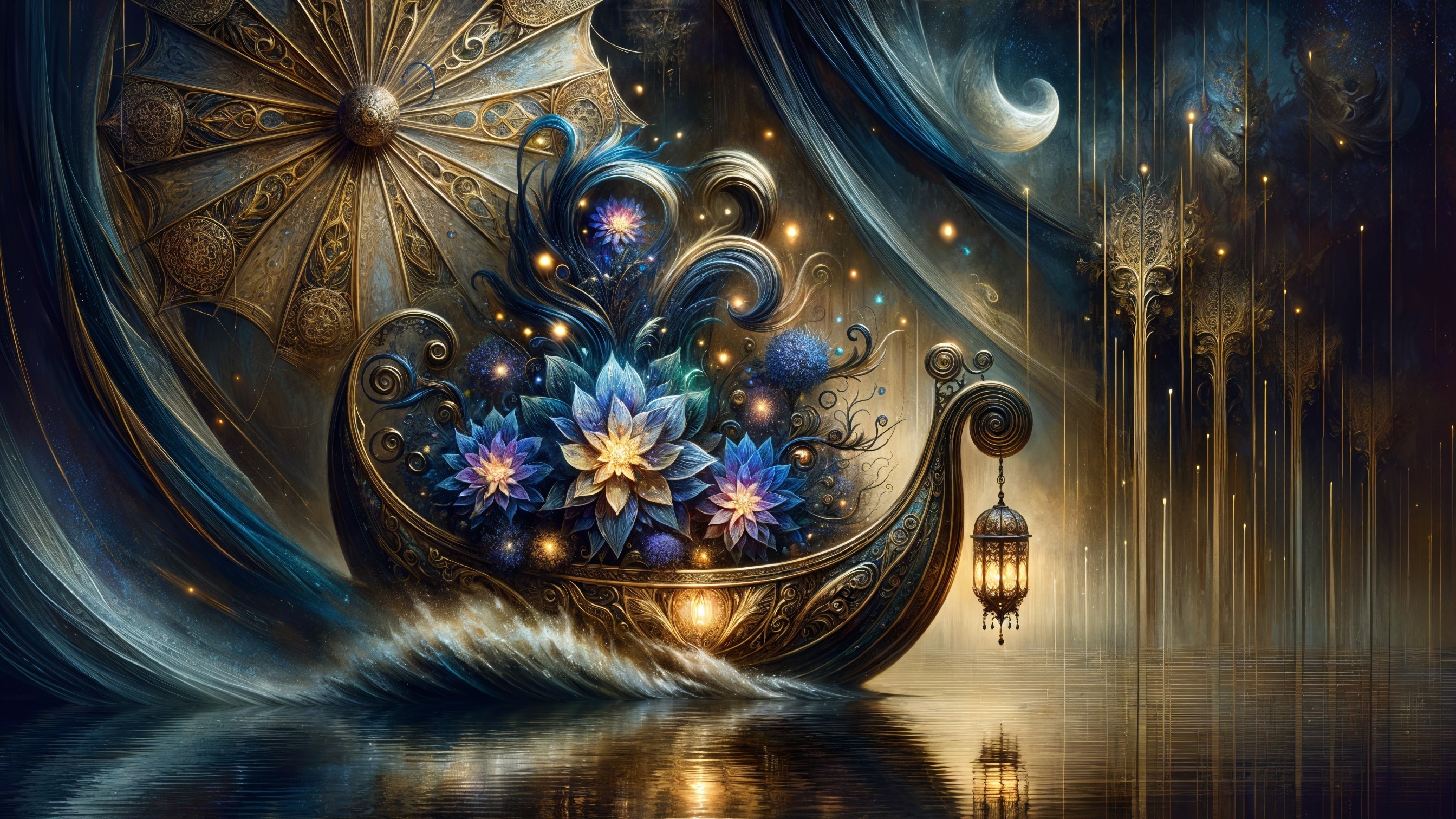 Fantasy Scene with Golden Boat and Lotus Flowers