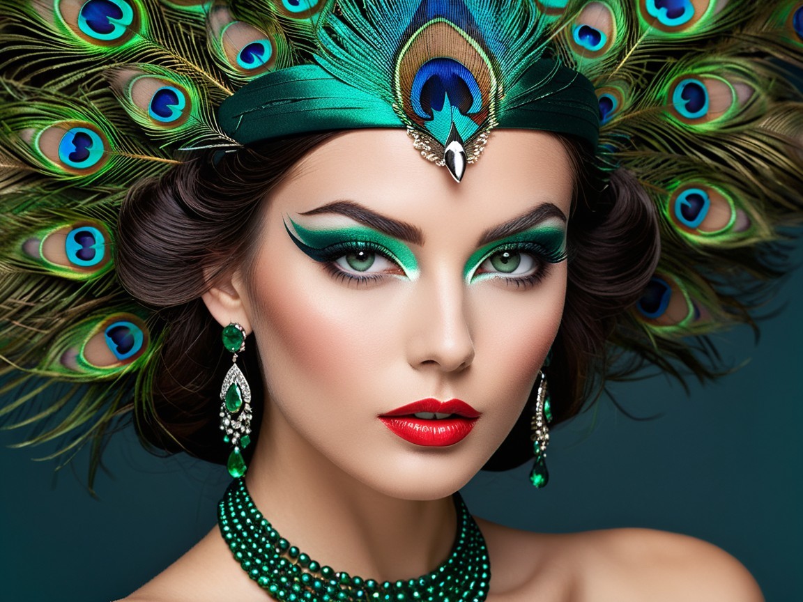 Portrait of a model with peacock feather headpiece