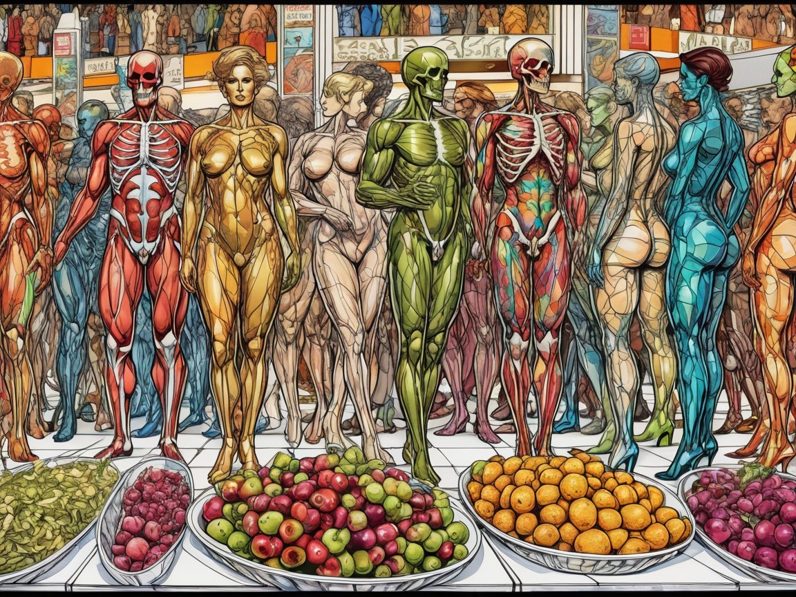 Anatomically Stylized Figures Among Colorful Fruits