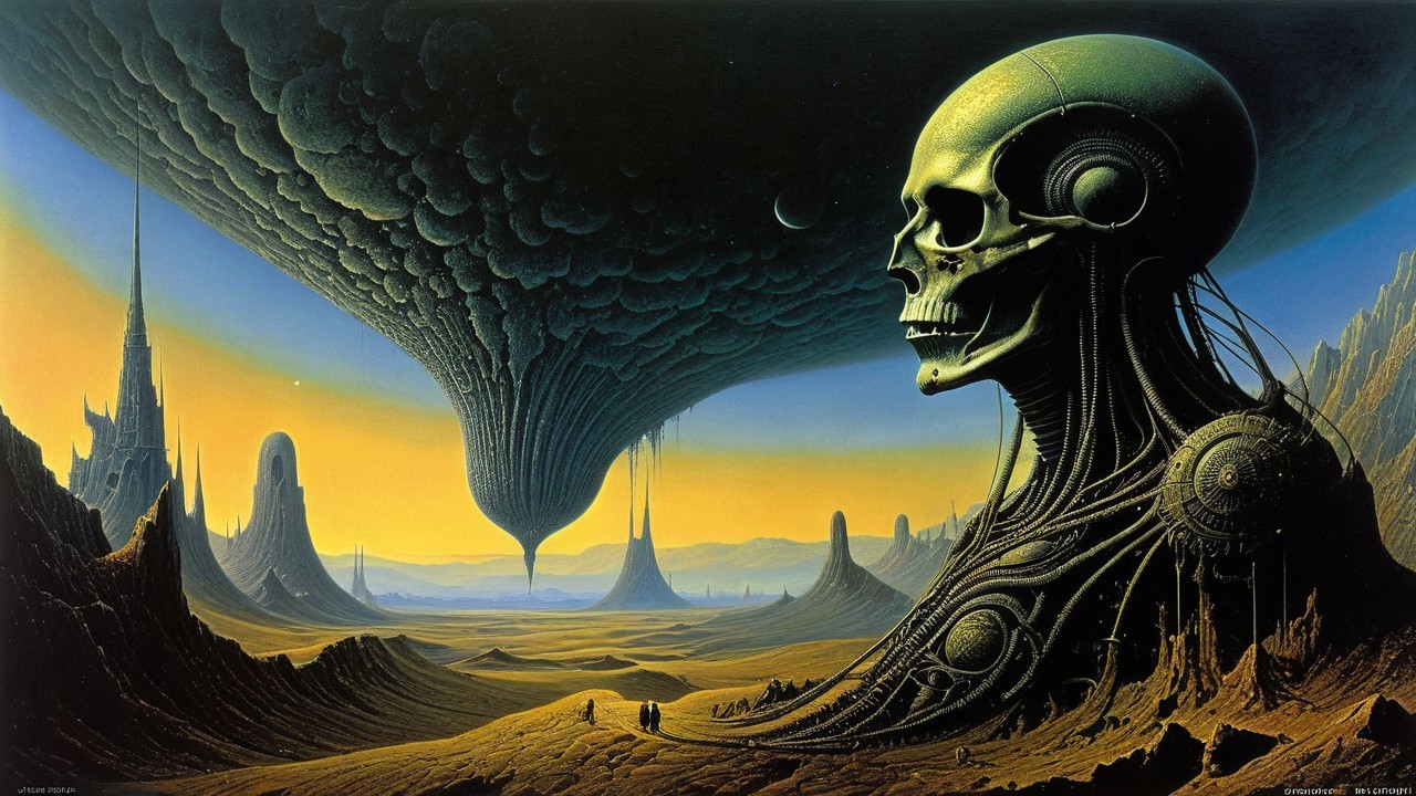 Surreal Landscape with Metallic Skull and Alien Structures