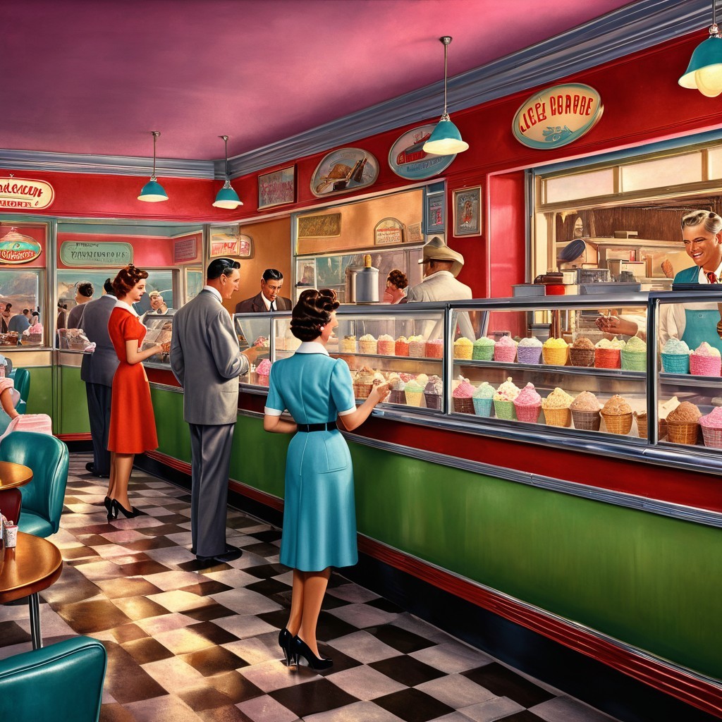 Vibrant Retro Ice Cream Parlor Scene with Patrons