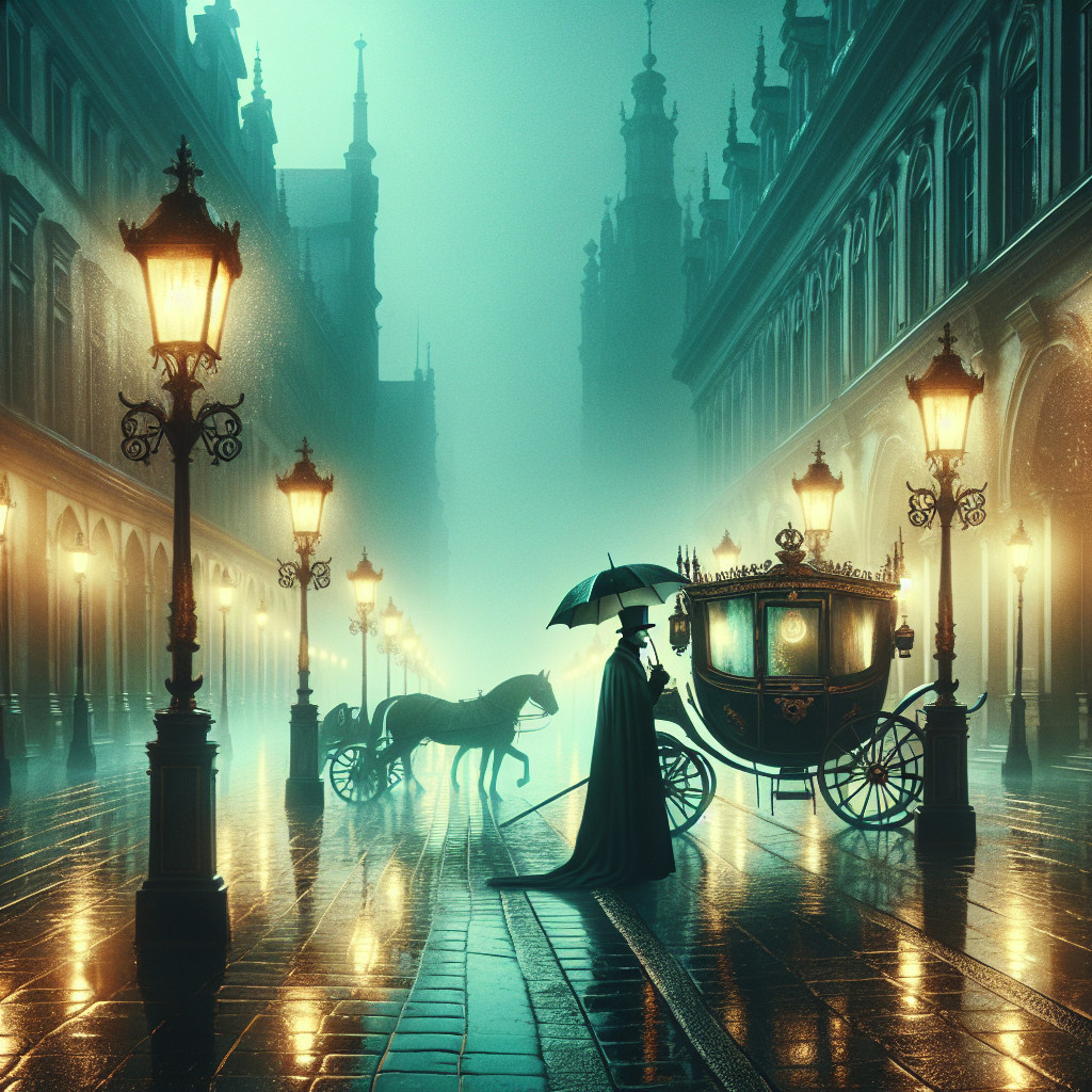 Misty Street Scene with Horse-Drawn Carriage and Gas Lamps
