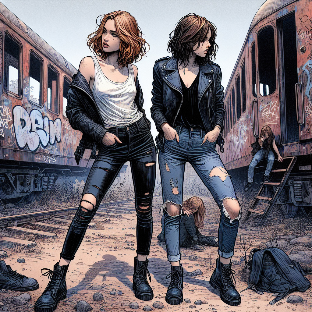 Young Women in Edgy Styles Among Abandoned Trains