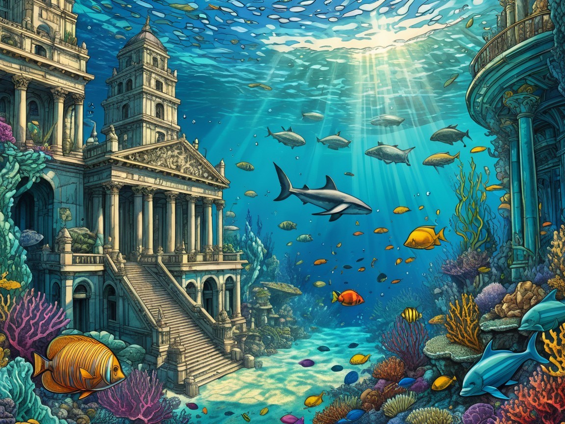 Underwater City with Coral-Covered Buildings and Fish
