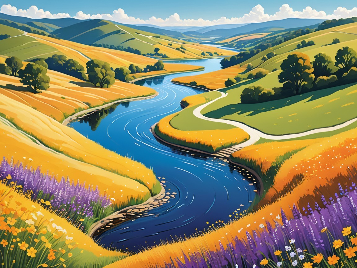 Vibrant Countryside Landscape with Rolling Hills and River