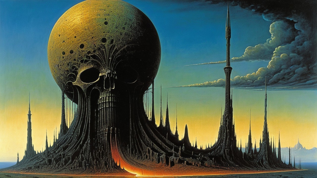 Surreal Landscape with Golden Skull and Dark Terrain