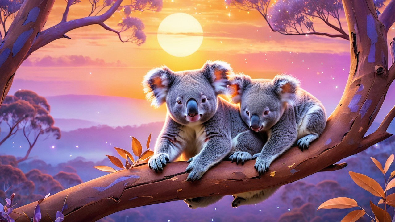 Koalas Cuddling on a Branch at Sunset