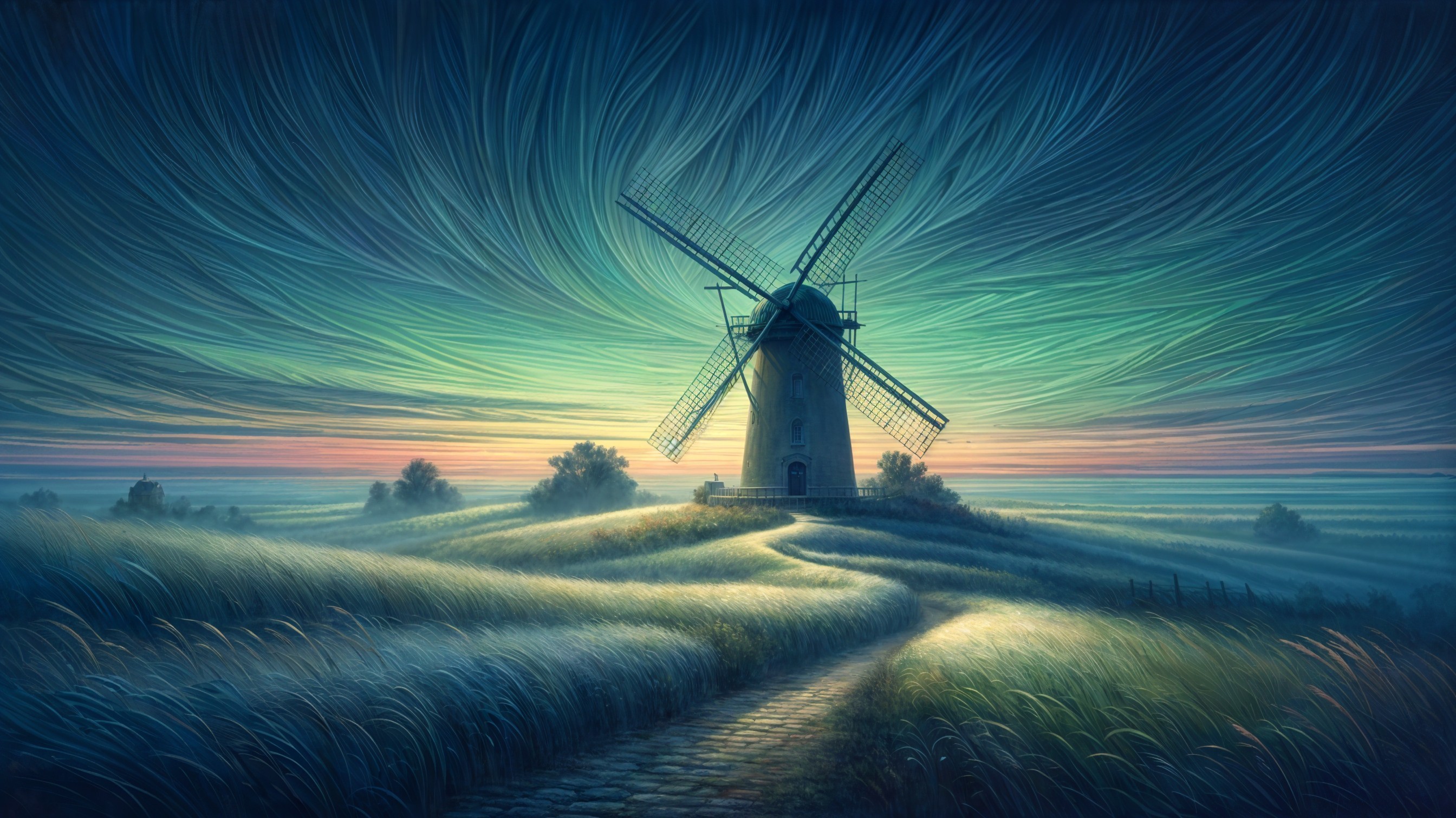 Tranquil Landscape with Windmill and Colorful Sky