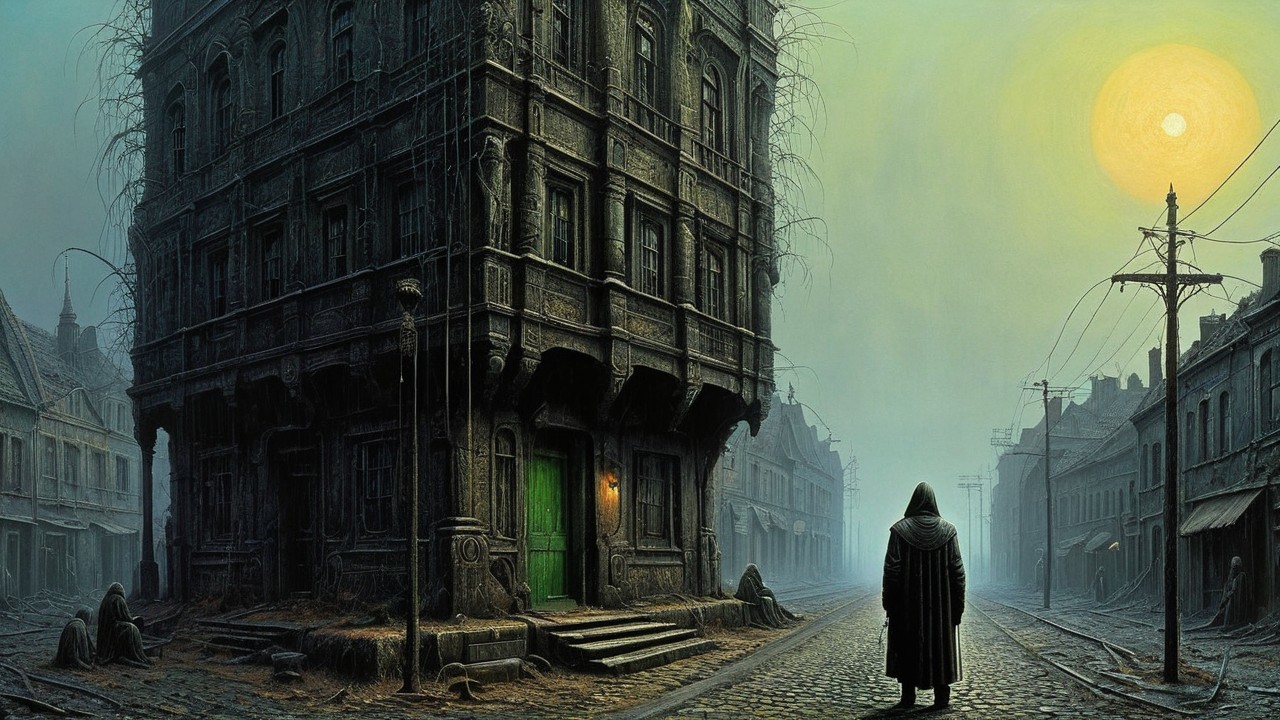Misty Street with Dark Figure and Eerie Green Door