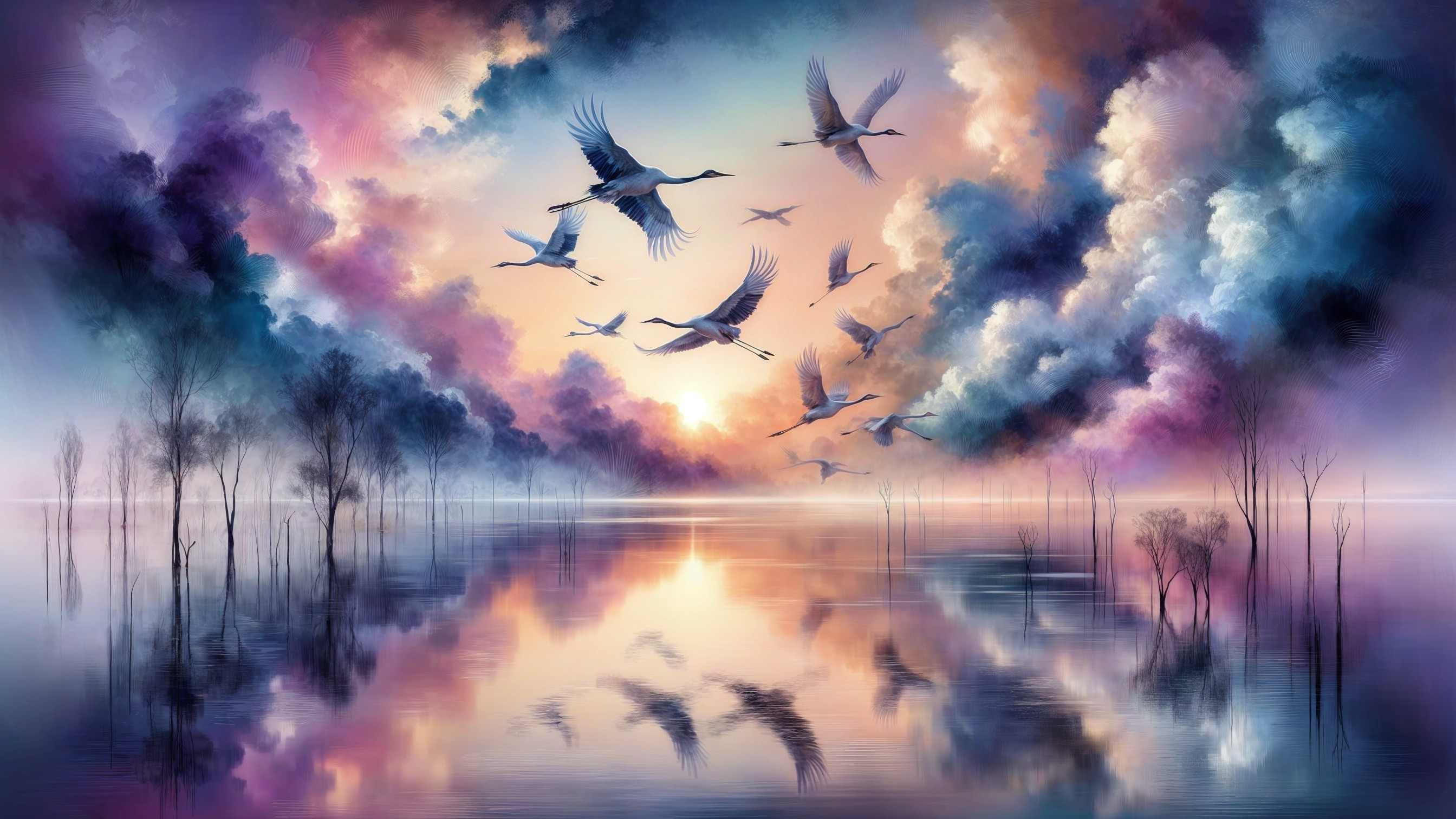 Tranquil Landscape with Reflective Water and Cranes