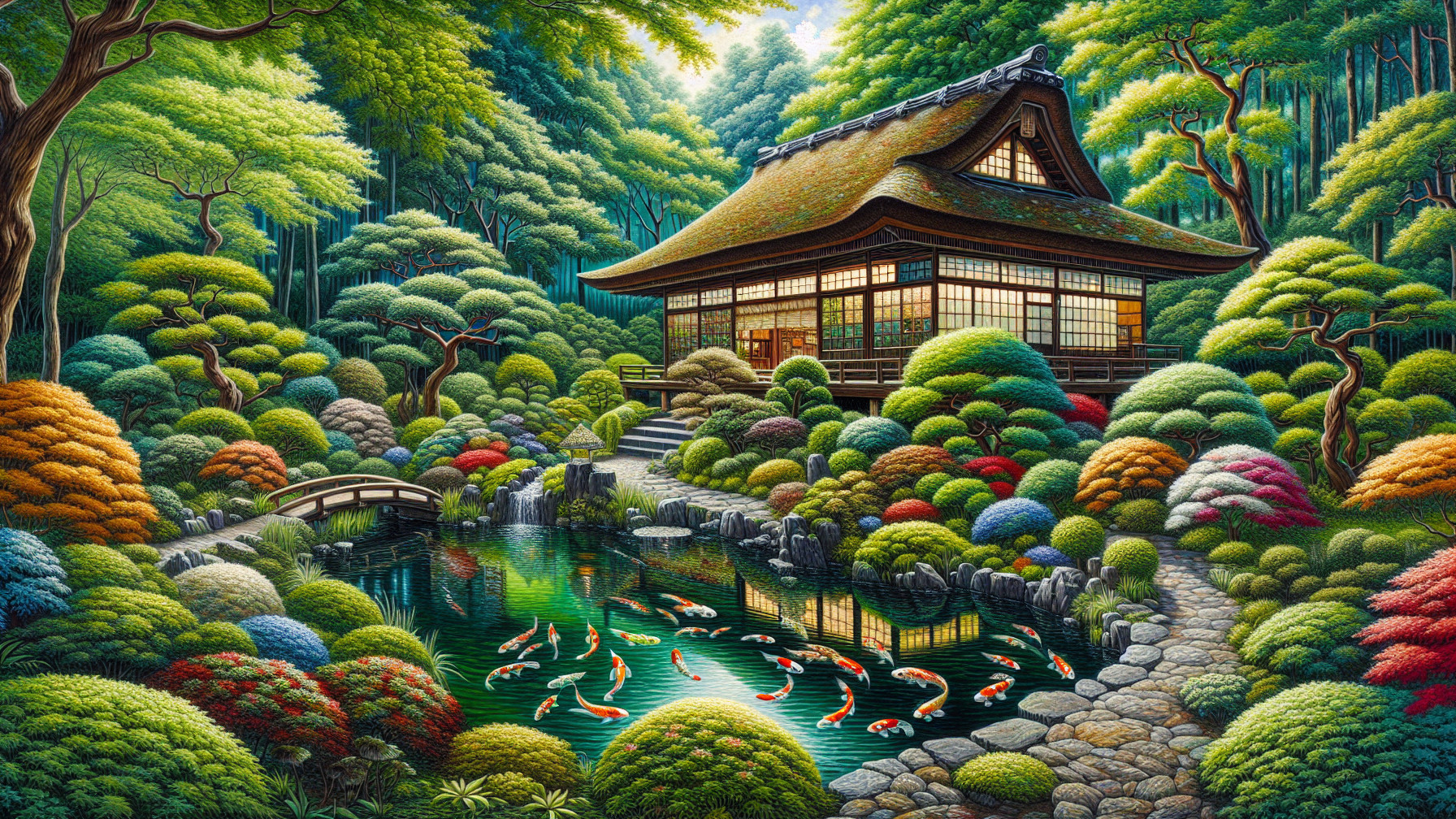 Vibrant Japanese Garden with Pond and Bridge