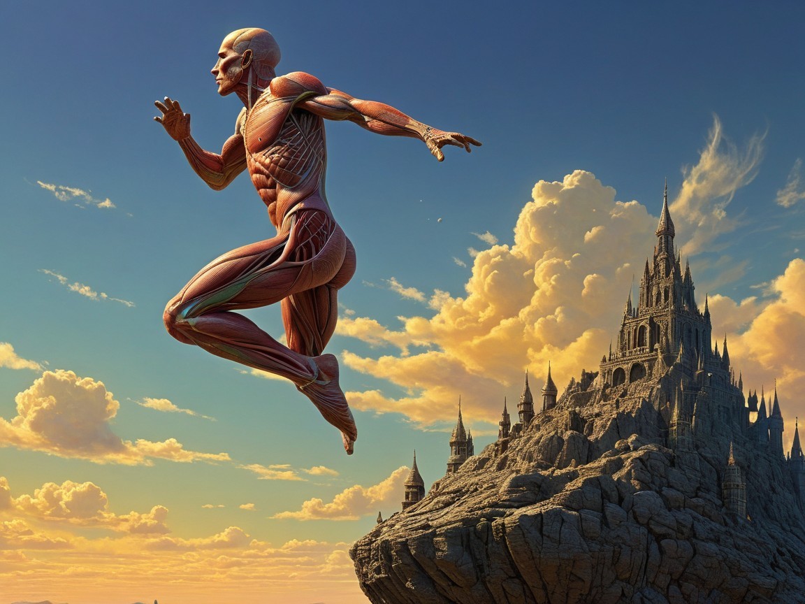 Surreal Human Anatomy with Castle and Sunset Background
