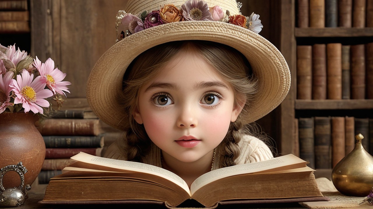 Young girl in straw hat reading in cozy library