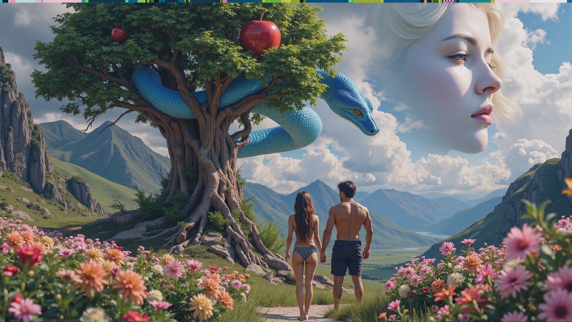 Surreal Landscape with Couple and Colossal Tree