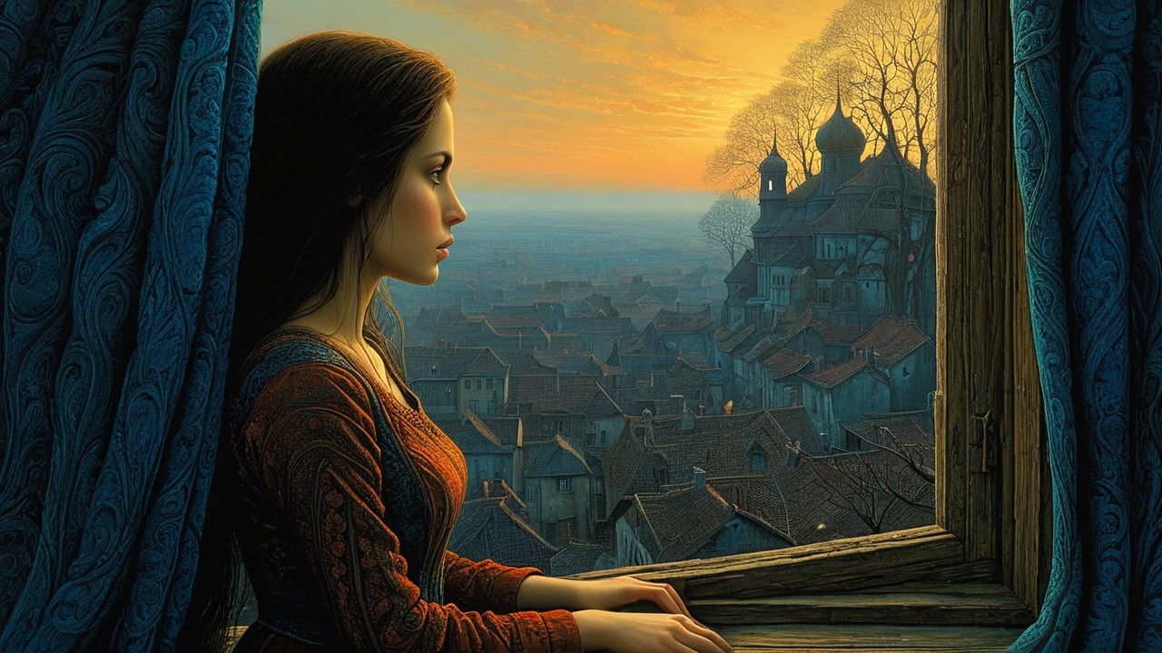 Young woman gazing from ornate window at sunset scene
