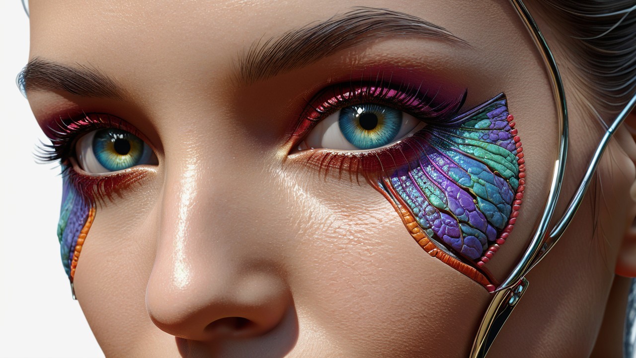 Vibrant Butterfly-Inspired Makeup Close-Up Description