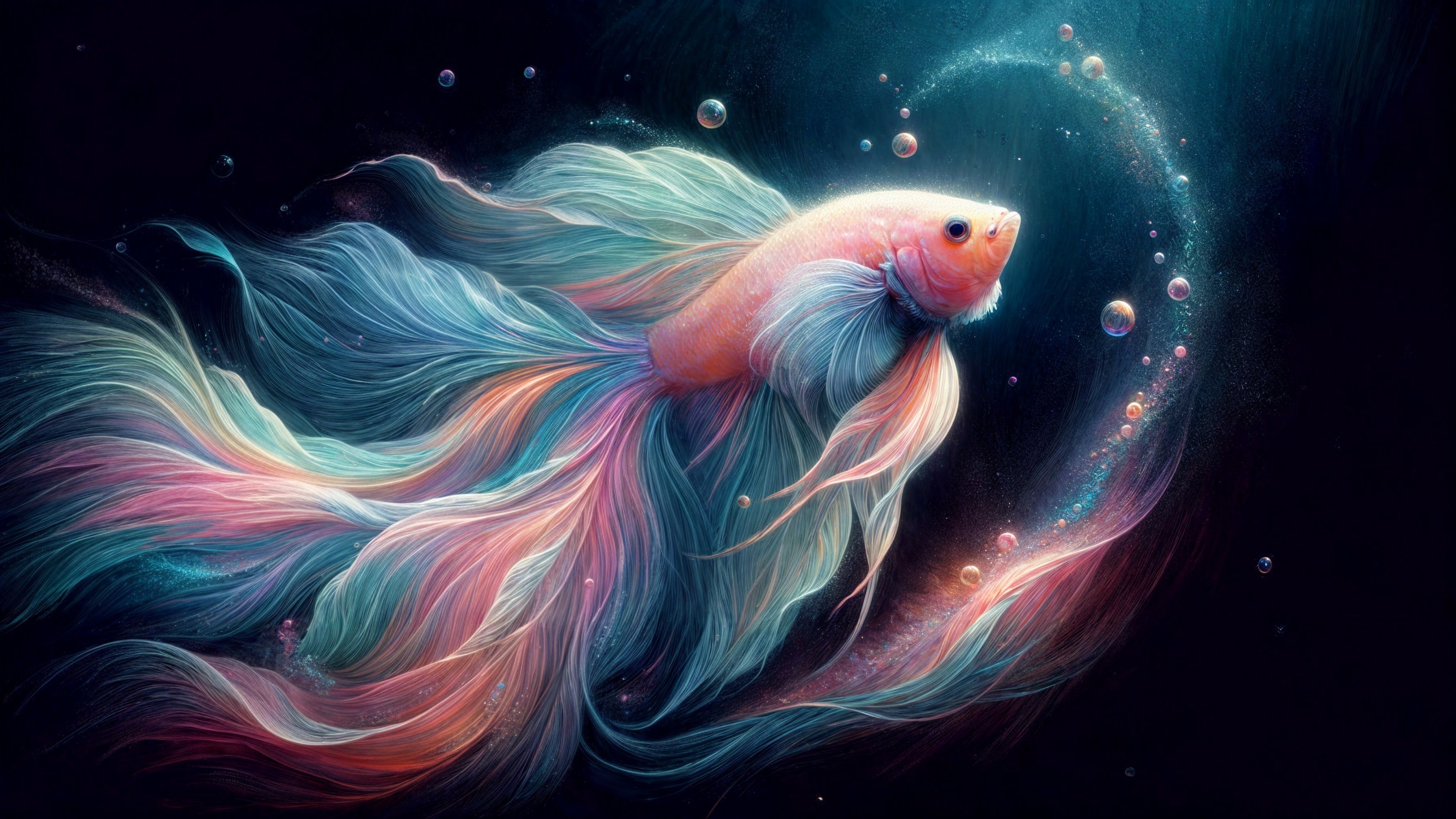 Ethereal Fish in Dark Underwater Scene with Bubbles