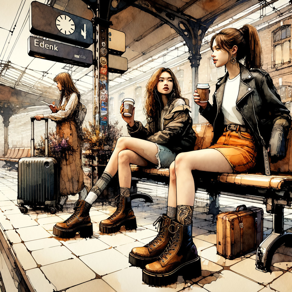 Young Women Socializing in a Train Station Setting