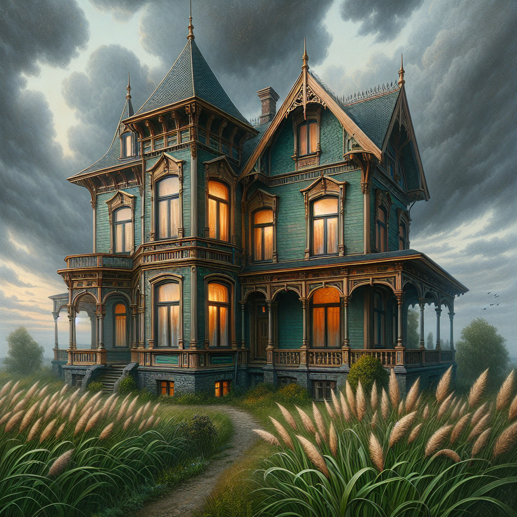 Victorian House with Turquoise Paint and Dramatic Sky