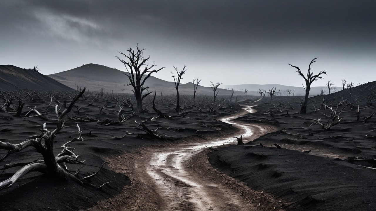 Desolate Landscape with Winding Dirt Road and Dead Trees