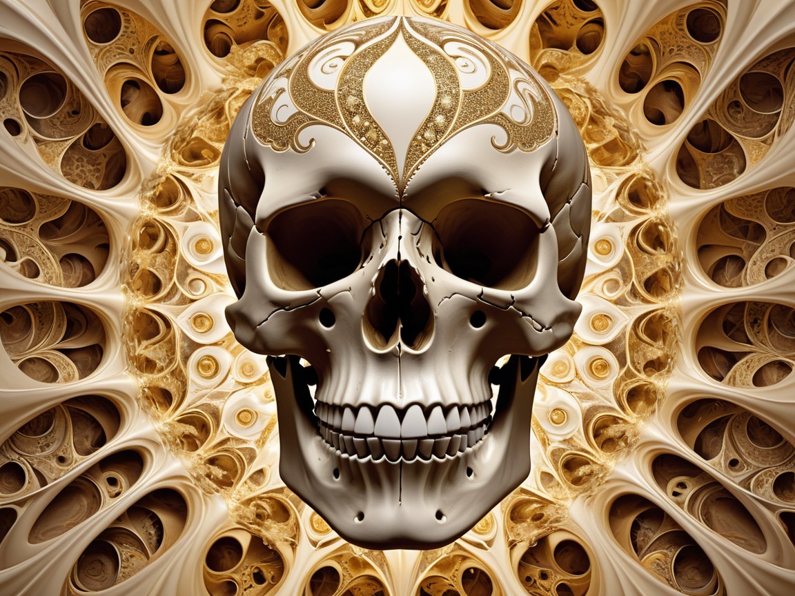 Intricate Skull Design with Golden Patterns and Background