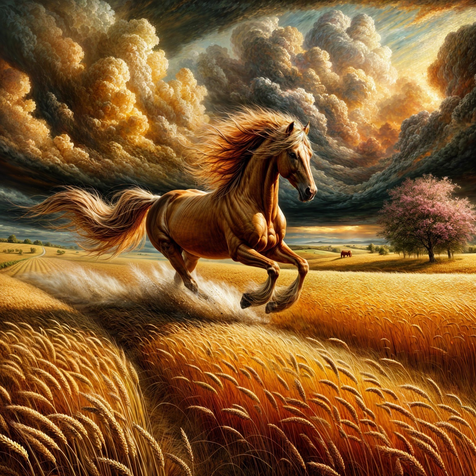 Golden horse galloping through a wheat field at sunset