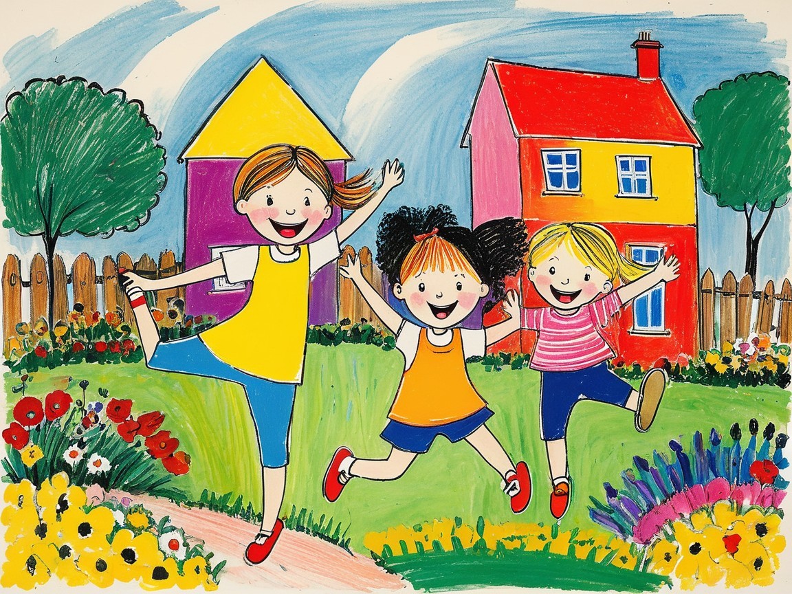 Cheerful girls dancing in a vibrant flower garden